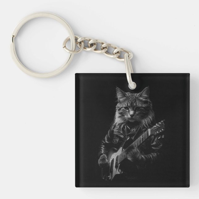 Porte-clés Chat avec cuir Veste jouant guitare électrique (Devant)