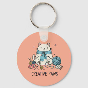 Porte-clés Chat Blanc Mignon Tricotant avec Fil Bleu Art Cora