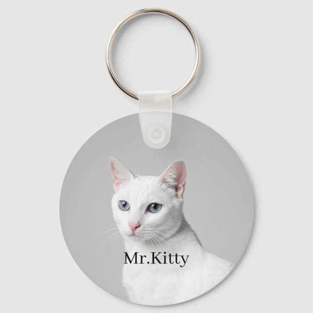 Porte-clés Chat Blanc Nom de l'animal personnalisé – Portrait (Recto)