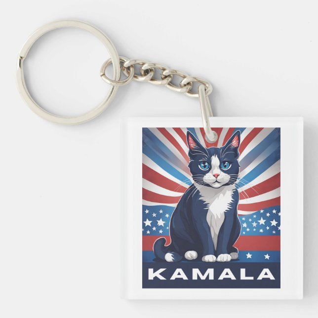 Porte-clés Chat bleu pour Kamala 2024 Démocrate aux élections (Devant)