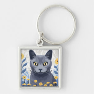 Porte-clés Chat Bleu Russe Fleurs Jaunes