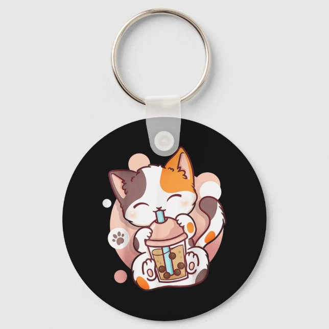 Porte-clés Chat Boba Tea Buble Tea Anime Kawaii Neko (Recto)
