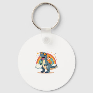 Porte-clés Chat chevauchant un dinosaure T-Rex Kitten Arc-en-
