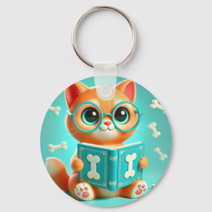 Porte-clés Chat de dessin animé adorable lisant un livre