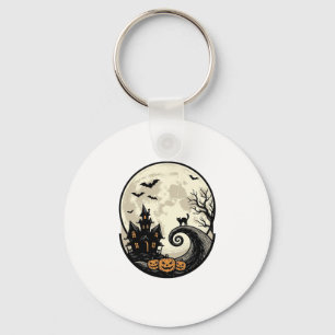 Porte-clés Chat de Halloween Vintage Maison Hantée Lune Vecte
