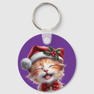 Porte-clés Chat de Noël mignon avec chapeau de Père Noël et C