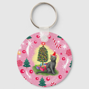 Porte-clés Chat de Noël rose