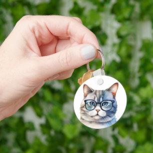 Porte-clés Chat Doux Aquarelle Gris Personnalisé