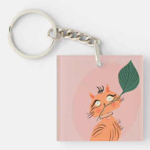 Porte-clés Chat drôle plante feuille dessin animé