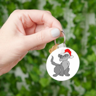 Porte-clés Chat du Père Noël avec chapeau de santa rouge