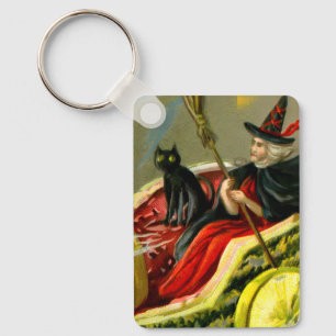 Porte-clés Chat et sorcière vintage d'Halloween noir