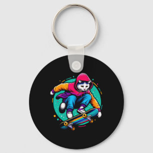 Porte-clés Chat funky cool Illustration amateur de skateboard