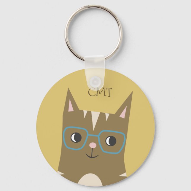Porte-clés Chat Hipster Tabby avec lunettes | Monogramme (Recto)