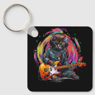 Porte-clés Chat Jouer Guitare Électrique Rock Heavy Metal Mus