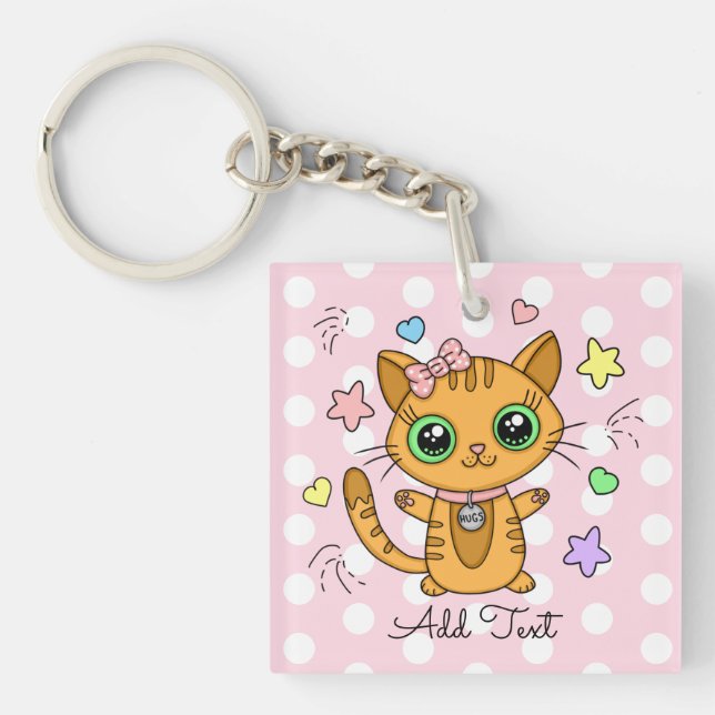 Porte-clés Chat mignon orange Kitty rose Polka point (Devant)