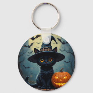 Porte-clés Chat noir adorable portant un chapeau de sorcière