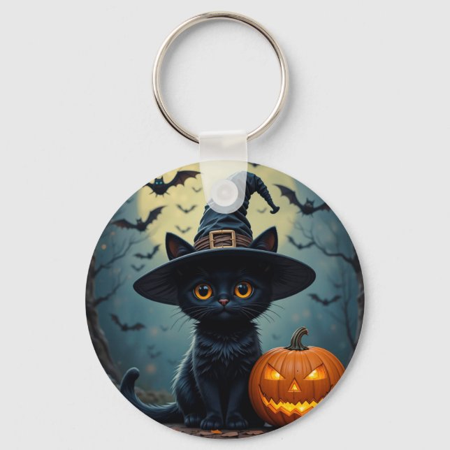 Porte-clés Chat noir adorable portant un chapeau de sorcière (Recto)