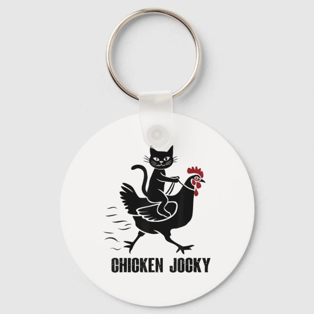 Porte-clés Chat Noir Drôle Jockey De Poulet (Recto)