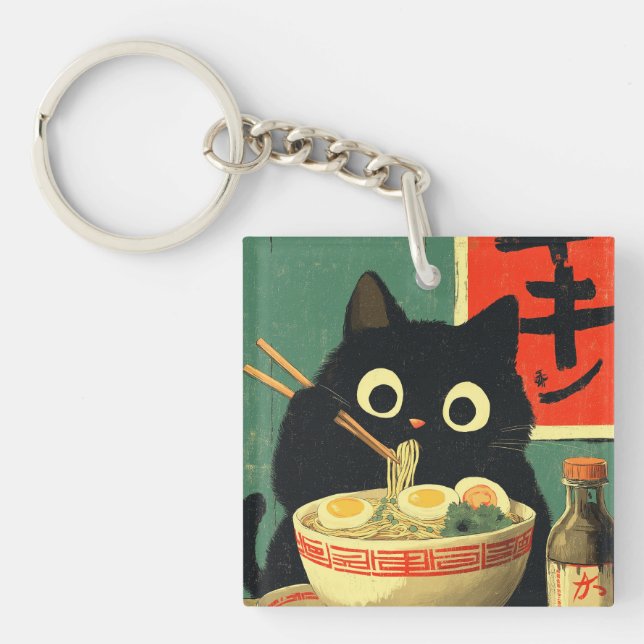 Porte-clés Chat noir drôle mangeant du Ramen (Devant)