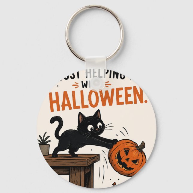 Porte-clés Chat noir drôle renversant un citrouille Halloween (Recto)