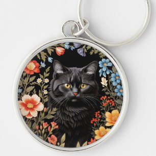 Porte-clés Chat noir élégant floral coloré