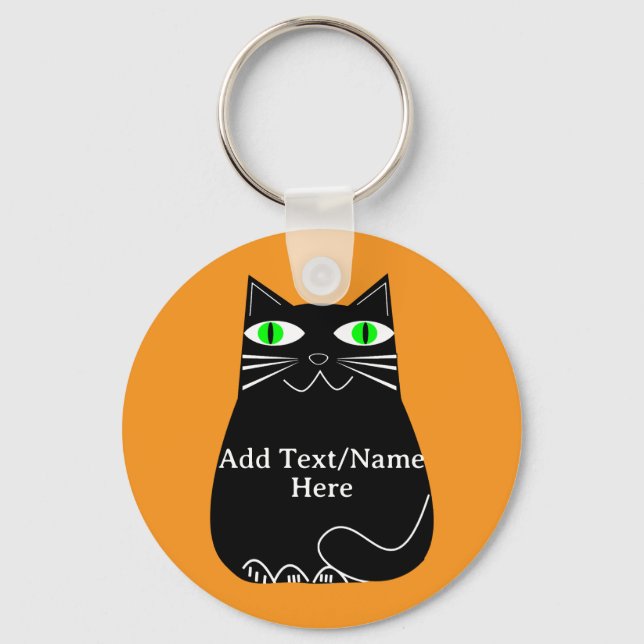 Porte-clés Chat noir gras avec yeux verts Texte personnalisé (Recto)