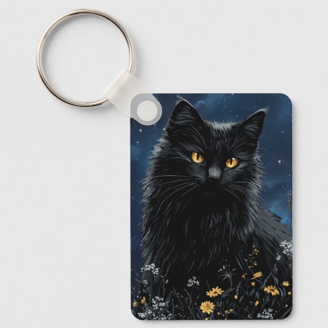 Porte-clés Chat noir parmi les fleurs (Recto)