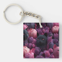 Chat noir surréaliste et motif floral de pivoine r