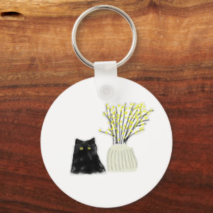 Porte-clés Chat noir Vase Fleurs Jaunes Dessin au Crayon Art