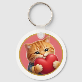 Porte-clés Chat orange mignon étreignant un cœur rouge - Auto