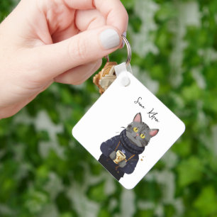 Porte-clés Chat personnalisé Cool Chat noir avec café