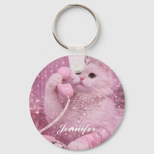 Porte-clés Chat Princesse Glamour Utilisant un Téléphone Rose