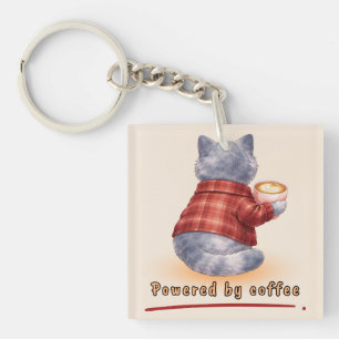 Porte-clés Chat "Propulsé par le Café" Tenant Une Tasse de Ca