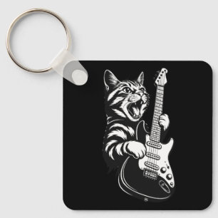 Porte-clés Chat Rock Jouant de la Guitare Électrique Amour