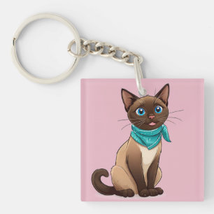 Porte-clés Chat siamois adorable avec bandana turquoise