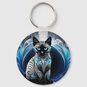 Porte-clés Chat siamois, noir bleu et blanc abstrait