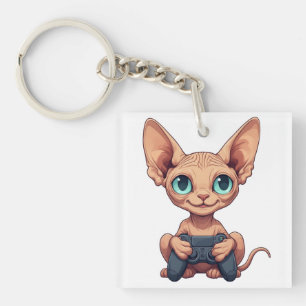Porte-clés Chat Sphynx tenant une manette de jeu