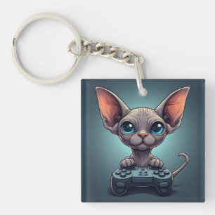 Porte-clés Chat Sphynx tenant une manette de jeu
