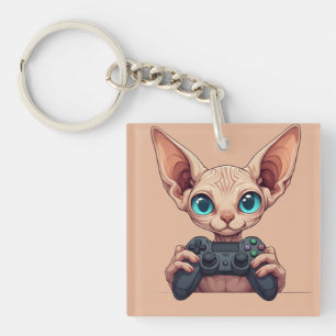 Porte-clés Chat Sphynx tenant une manette de jeu