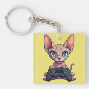 Porte-clés Chat Sphynx tenant une manette de jeu