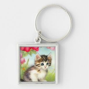 Porte-clés Chaton vintage blanc et Brown avec fleurs