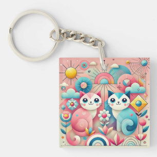 Porte-clés Chats de dessin animé mignons dans un décor nature