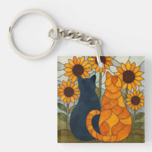Porte-clés Chats en vitrail et conception d'art de tournesols