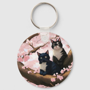 Porte-clés Chats Mignons Sur Un Arbre En Fleur De Cerise