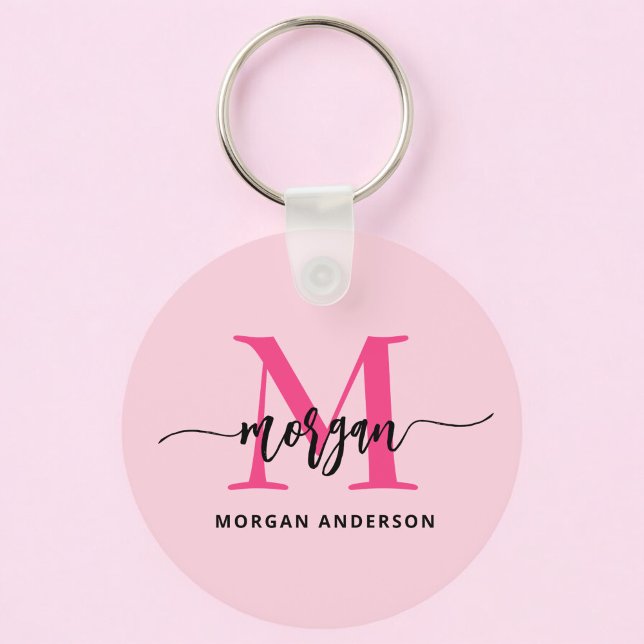 Porte-clés Chaud rose moderne Script Girl Monogramme Nom (Créateur téléchargé)