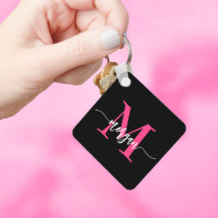 Porte-clés Chaud rose noir moderne Script Girl Monogramme Nom