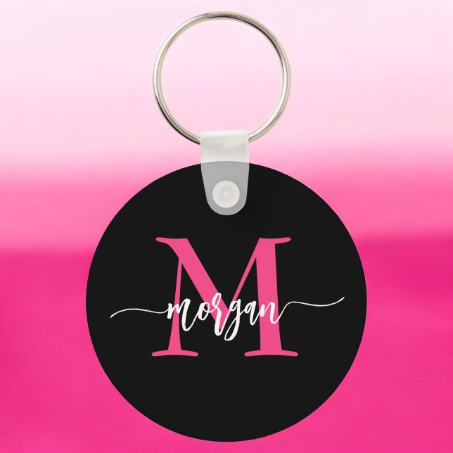 Porte-clés Chaud rose noir moderne Script Girl Monogramme Nom (Créateur téléchargé)