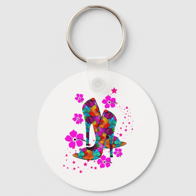 Porte-clés Chaussures haute talon été Fleurs roses chaudes (Recto)