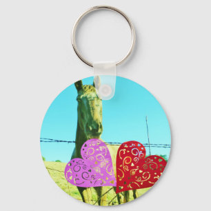 Porte-clés Cheval blond et Coeurs rose et rouge