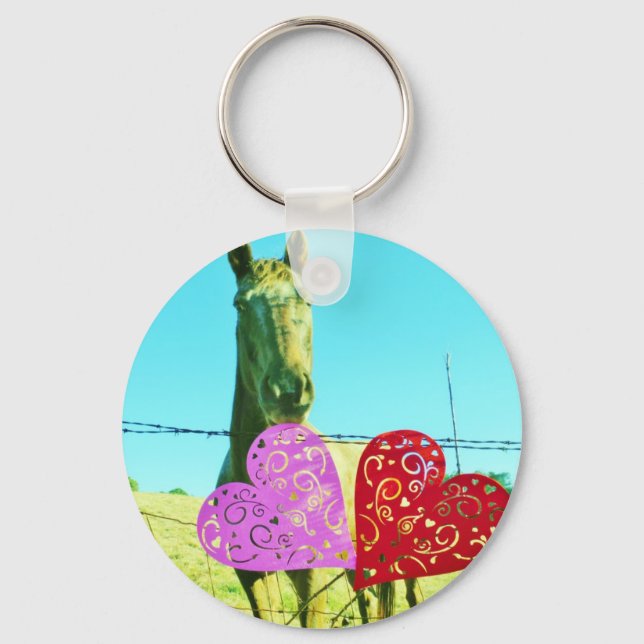 Porte-clés Cheval blond et Coeurs rose et rouge (Recto)